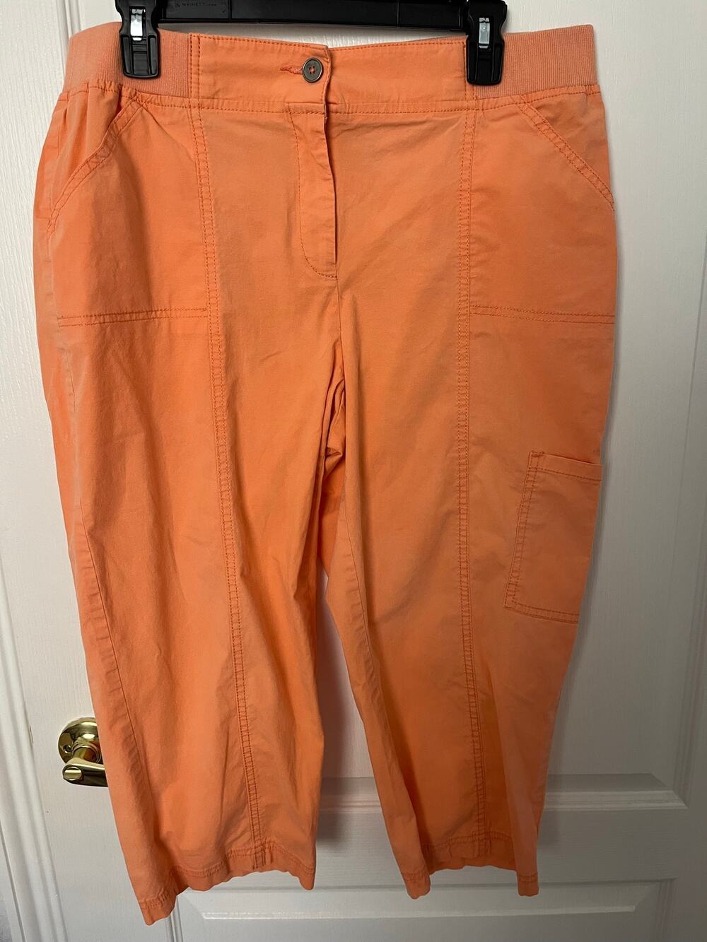 Chico's Utility Crop Capri Pants Size 2 Coral Peach Rib Knit Waist Pockets